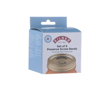 Load image into Gallery viewer, Kilner Set of 6 Preserve Screw Bands in its original light blue and white cardboard packaging, featuring a jar lid graphic on the front. | Hadley Green Home