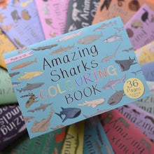 Load image into Gallery viewer, A coloring book titled 'Amazing Sharks' with various shark illustrations and the number 36 indicating the number of pages. | Button and Squirt | Hadley Green Home