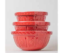 Load image into Gallery viewer, Set of red ceramic Mason Cash baking bowls with geometric patterns on a white background | Hadley Green Home