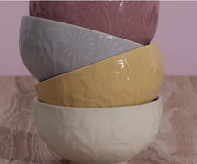 Load image into Gallery viewer, Stack of four Mason cash ceramic bowls in Pink, lilac, yellow, and cream on a wooden surface with a pinkish background. | Hadley Green Home