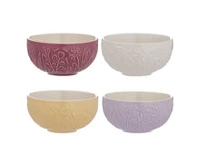 Load image into Gallery viewer, Set of four ceramic Mason Cash bowls in different colors with embossed designs on a white background | Hadley Green Home