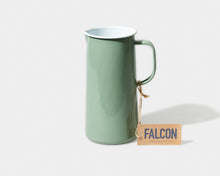 Load image into Gallery viewer, Green enamel jug with a tag labeled 'Falcon' on a white background | Hadley Green Home