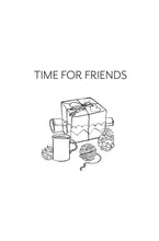 Load image into Gallery viewer, Illustration of a gift box, mug, yarn, and pine cones with 'Time for Friends' text on a white background. | Hadley Green Home