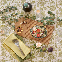 Load image into Gallery viewer, Dining table setting with a wooden board, salad, nuts, and cutlery on a patterned tablecloth. | Hadley Green Home