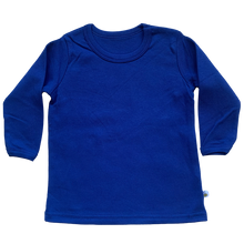 Load image into Gallery viewer, A long-sleeved blue t-shirt for kids, with a round-neckline, displayed on a plain background. Beeboobuzz | Hadley Green Home