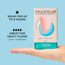 Load image into Gallery viewer, Mooncup packaging held in a hand with promotional text on a blue background | Hadley Green Home