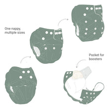 Load image into Gallery viewer, Illustration of a adjustable nappy with pockets for boosters on a white background | Hadley Green Home