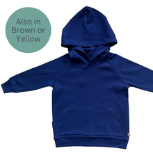 Load image into Gallery viewer, Blue hoodie on a white background with text indicating color options. Beeboobuzz organic cotton | Hadley Green Home