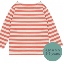Load image into Gallery viewer, Red and white striped long-sleeve shirt with age range label on a white background | Hadley Green Home |