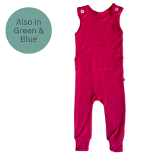 Load image into Gallery viewer, Pink Beeboobuzz children's overalls Dungarees on a white background with a green circle indicating other color options. | Hadley Green Home