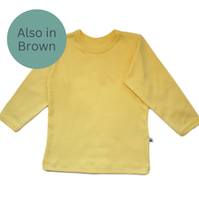 Load image into Gallery viewer, Yellow long-sleeve shirt on a white background with a 'Also in Brown' label | Beeboobuzz | Hadley Green home