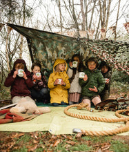Load image into Gallery viewer, forest school children under a camouflage net drinking from enamel cups | Hadley Green Home