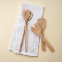 Load image into Gallery viewer, Set of wooden salad servers on a white towel with a beige background | Little Twidlets
