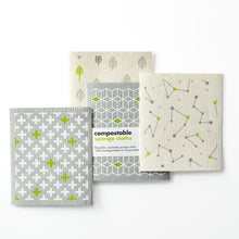 Load image into Gallery viewer, Four compostable sponge cloths with geometric patterns on a white background | Hadley Green Home
