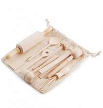 Load image into Gallery viewer, cotton bag with pretend play kitchen utensils on made of sustainable wood Eco Living | Hadley Green Home