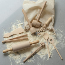 Load image into Gallery viewer, cotton bag with play kitchen utensils on made of sustainable wood Eco Living | Hadley Green Home