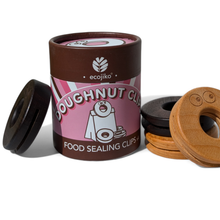 Load image into Gallery viewer, Doughnut-shaped food sealing clips with a cylindrical container labeled 'ecojiko Doughnut Clips' on a white background | Hadley Green Home