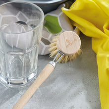Load image into Gallery viewer, Wooden dish brush with Eco Living branding and a glass and yellow cleaning cloth on a gray surface | Hadley Green Home