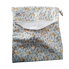 Load image into Gallery viewer, Tickle Tots Wet bag in Stag print, featuring two pockets for wet/dry and a handy loop for hanging | Hadley Green Home