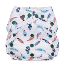 Load image into Gallery viewer, A Baba & Boo reusable cloth nappy with a feathers featuring popper fastenings and a pocket for inserts. | Hadley Green Home