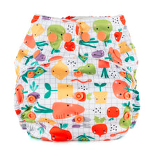 Load image into Gallery viewer, A Baba & Boo reusable cloth nappy with fruit and veg print featuring popper fastenings and a pocket for inserts. | Hadley Green Home