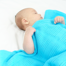 Load image into Gallery viewer, Bright Bots Cotton Cellular Blanket newborn baby in turquoise blue blanket | Hadley Green Home