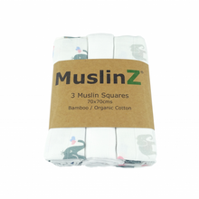 Load image into Gallery viewer, MuslinZ 3 pack muslin squares bamboo organic cotton elephants | Hadley Green Home