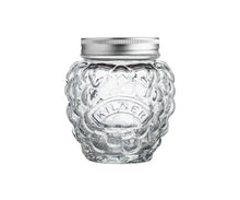Load image into Gallery viewer, A Kilner glass Rasberry or Balckberry jar with a textured, berry style clear glass body and a silver metal screw-on lid, shown on a plain white background. | Hadley Green Home 
