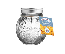 Load image into Gallery viewer, A Kilner glass Orange preserve jar with a textured clear glass body, a silver metal screw lid, and a blue and orange product tag attached, shown on a plain white background. | Hadley Green Home 
