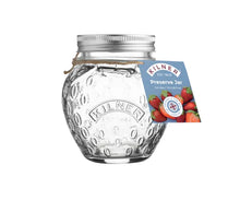 Load image into Gallery viewer, A Kilner Preserve Jar made of clear glass with a textured pattern, a silver metal screw lid, and a blue paper hangtag showing strawberries. | Hadley Green Home 
