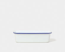 Load image into Gallery viewer, White enamel bread bin with blue rim on a white background | Hadley Green Home
