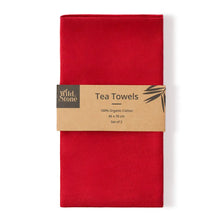 Load image into Gallery viewer, A pair of folded red cotton tea towels wrapped with a brown paper band label that reads 'Wild Stone Tea Towels 100% Organic Cotton 45 x 75 cm Set of 2'. | Hadley Green Home 
