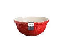 Load image into Gallery viewer, A red ceramic mixing bowl with a textured geometric pattern on the exterior and a cream-colored interior, featuring a paper label that reads 'MASON CASH' and 'Mixing Bowl'. | Hadley Green Home 
