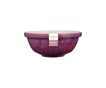 Load image into Gallery viewer, A purple ceramic mixing bowl with embossed floral detailing on the outside and a cream-colored interior, shown on a plain white background with a Mason Cash paper label attached. | Hadley Green Home 
