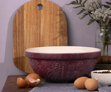 Load image into Gallery viewer, Mason Cash Purple ceramic bowl with floral patterns on a kitchen counter with eggs and a cutting board. | Hadley Green Home 
