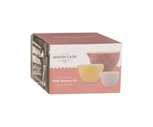 Load image into Gallery viewer, Mason Cash set of three multi-measure bowls in a dusty pink box, showing illustrations of the pink, yellow, and white bowls. | Hadley Green Home 

