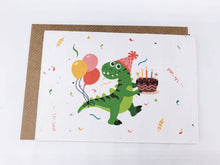 Load image into Gallery viewer, Plantable Greetings Card - Dinosaur holding Cake
