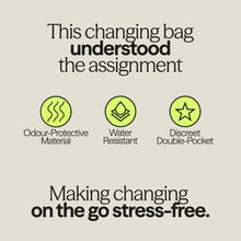 Load image into Gallery viewer, A promotional graphic for a changing bag with text and feature icons. The design has a warm beige background with black serif text reading 'This changing bag understood the assignment' and 'Making changing on the go stress-free. | Hadley Green Home 
