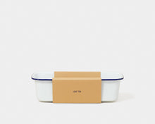 Load image into Gallery viewer, White loaf tin with blue rim and brown box labeled &#39;LOAF TIN&#39; on a white backround | Hadley Green Home 
