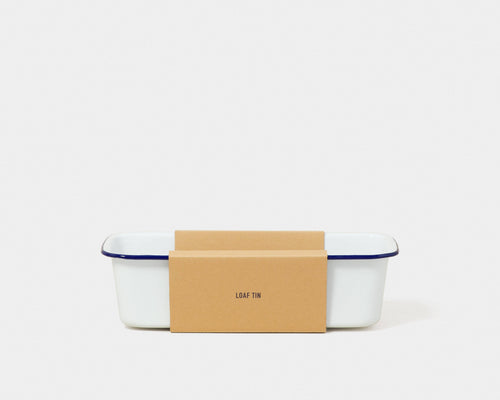 White loaf tin with blue rim and brown box labeled 'LOAF TIN' on a white backround | Hadley Green Home 