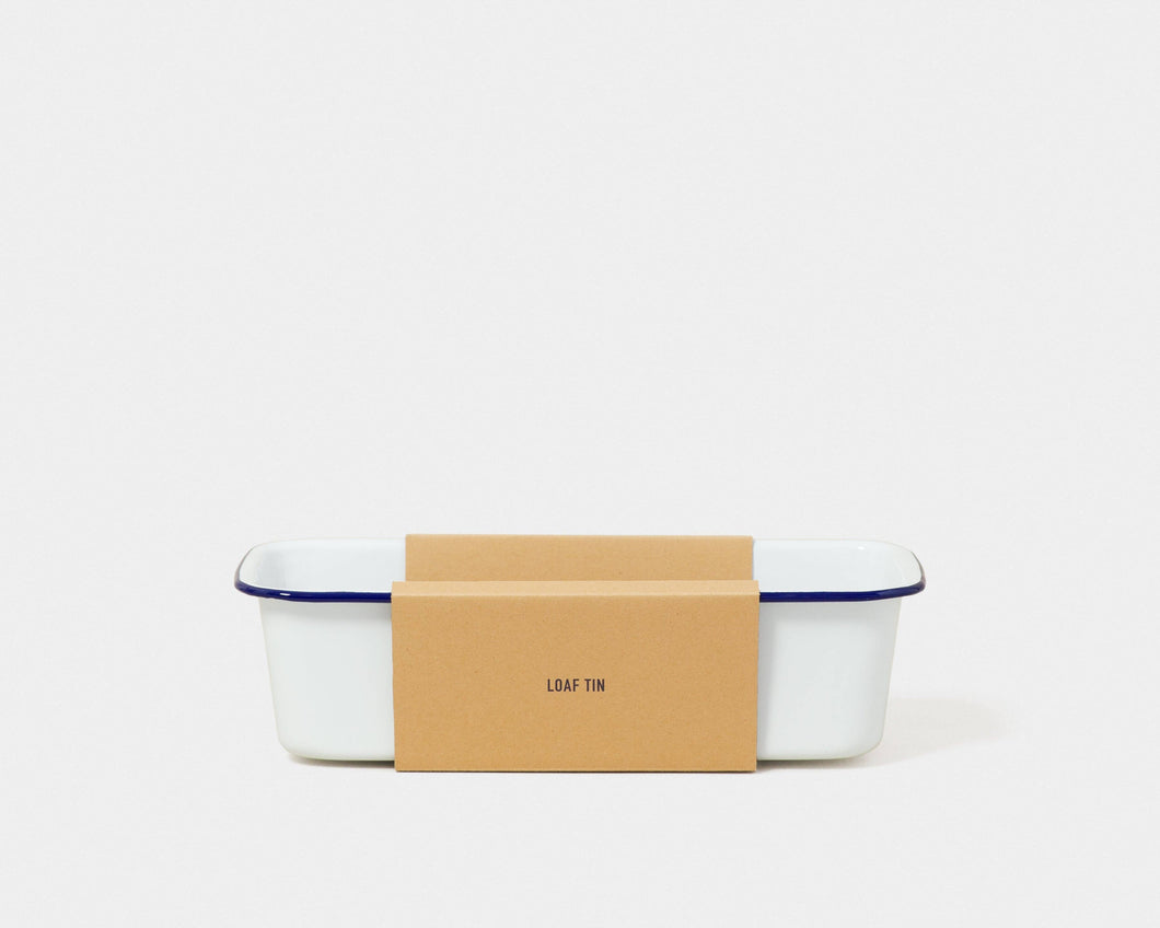 White loaf tin with blue rim and brown box labeled 'LOAF TIN' on a white backround | Hadley Green Home 