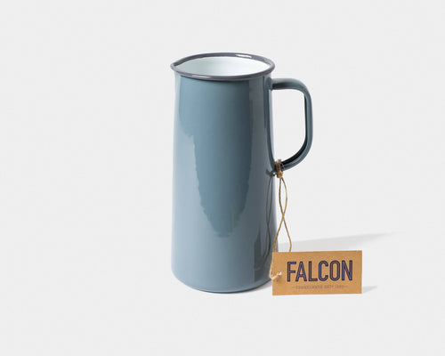 Blue enamel mug with a tag labeled 'Falcon' on a white background |Hadley Green Home 