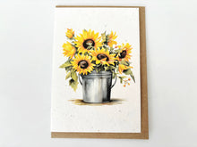 Load image into Gallery viewer, artwork of sunflowers in a metal bucket on a white background on a plantable card | PlanetWrapIt | Hadley Green Home
