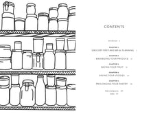 Load image into Gallery viewer, Outline of kitchen shelves with jars and a table of contents for a book on grocery prep and meal planning. 101 Tips For A Zero Waste Kitchen | Kathryn Kellogg | Hadley Green Home
