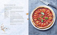 Load image into Gallery viewer, Summer tomato tart on a plate with a knife and recipe text on a gray background | Hadley Green Home
