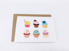 Load image into Gallery viewer, Card with illustrations of colourful cupcakes on a white background | Planet wrap It | Hadley Green Home

