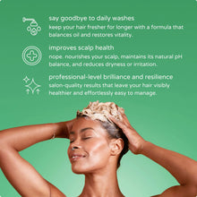 Load image into Gallery viewer, Woman with Nope brand shampoo hair against a green background with text about hair care products. | Hadley Green Home 

