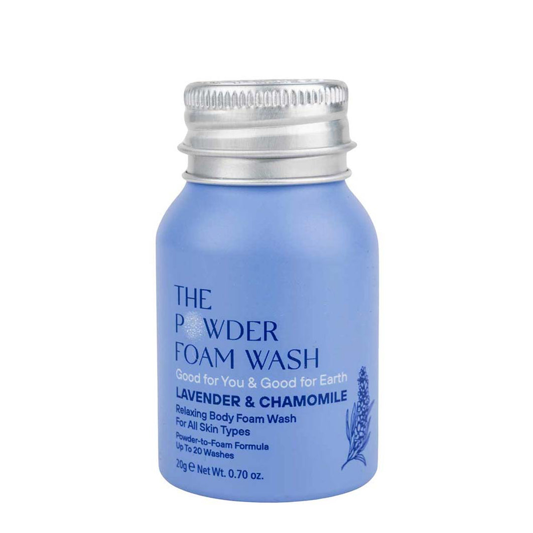 Blue bottle of 'The Powder Foam Wash' with lavender and chamomile on a white background | Little Twidlets