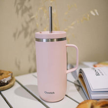 Load image into Gallery viewer, Pink insulated mug with a metal straw on a table with a blurred background | Little Twidlets 
