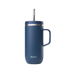 Load image into Gallery viewer, Qwetch blue insulated mug with handle and straw on a white background | Little Twidlets

